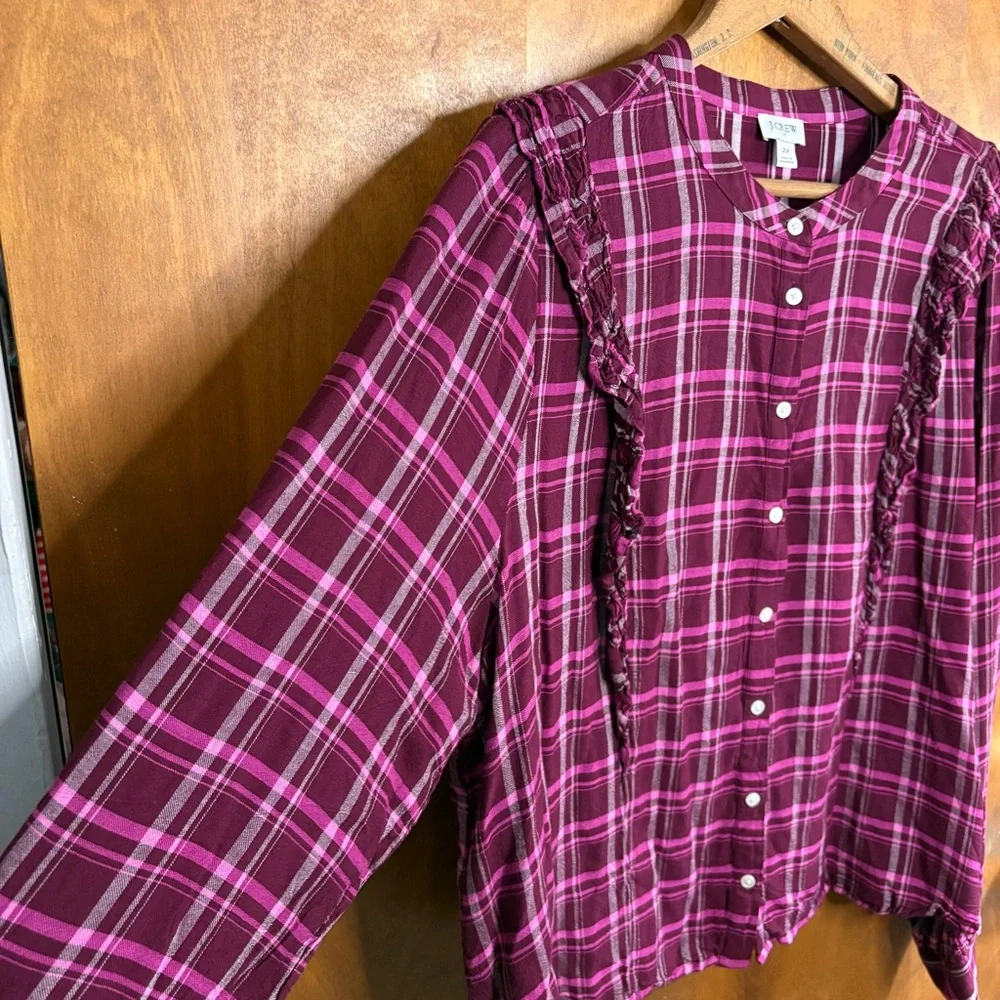 J. Crew Red Burgundy Plaid Ruffle Button Down Blouse Top 2X Office Preppy Boho